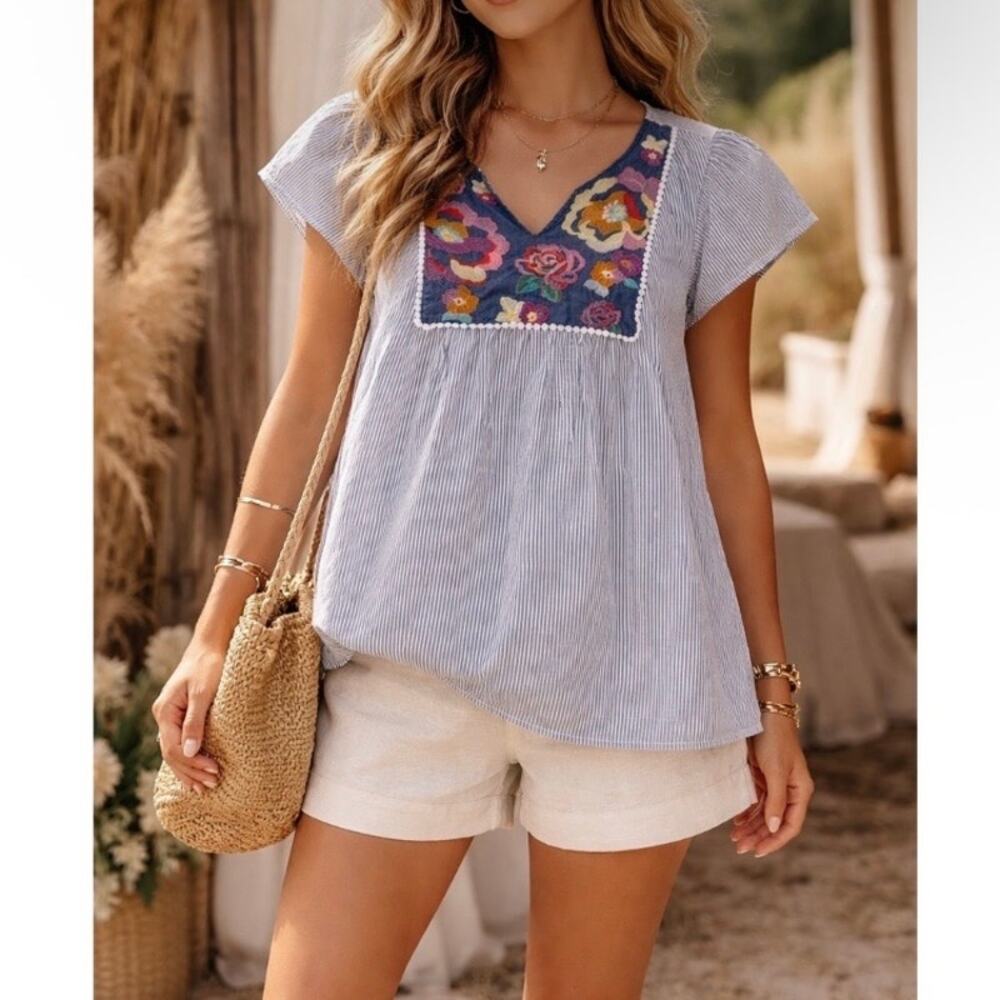 Savannah Jane Sz S Blue Striped Floral Embroidered Top Blouse Flutter Sleeve
